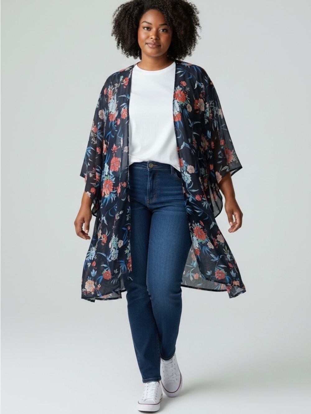 Tahari Navy Floral Duster with Red & Blue Blooms, Lightweight, Wrinkle Free